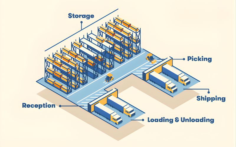 Các khu vực quan trọng trong sơ đồ mặt bằng kho